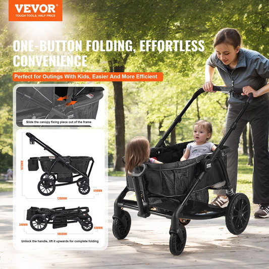 VEVOR All-Terrain Stroller Wagon, 2 Seats Foldable Expedition 2-in-1 Collapsible Wagon Stroller, Includes Canopy, Parent Organizer, Snack Tray & Cup Holders, 55lbs for Single Seat, Black