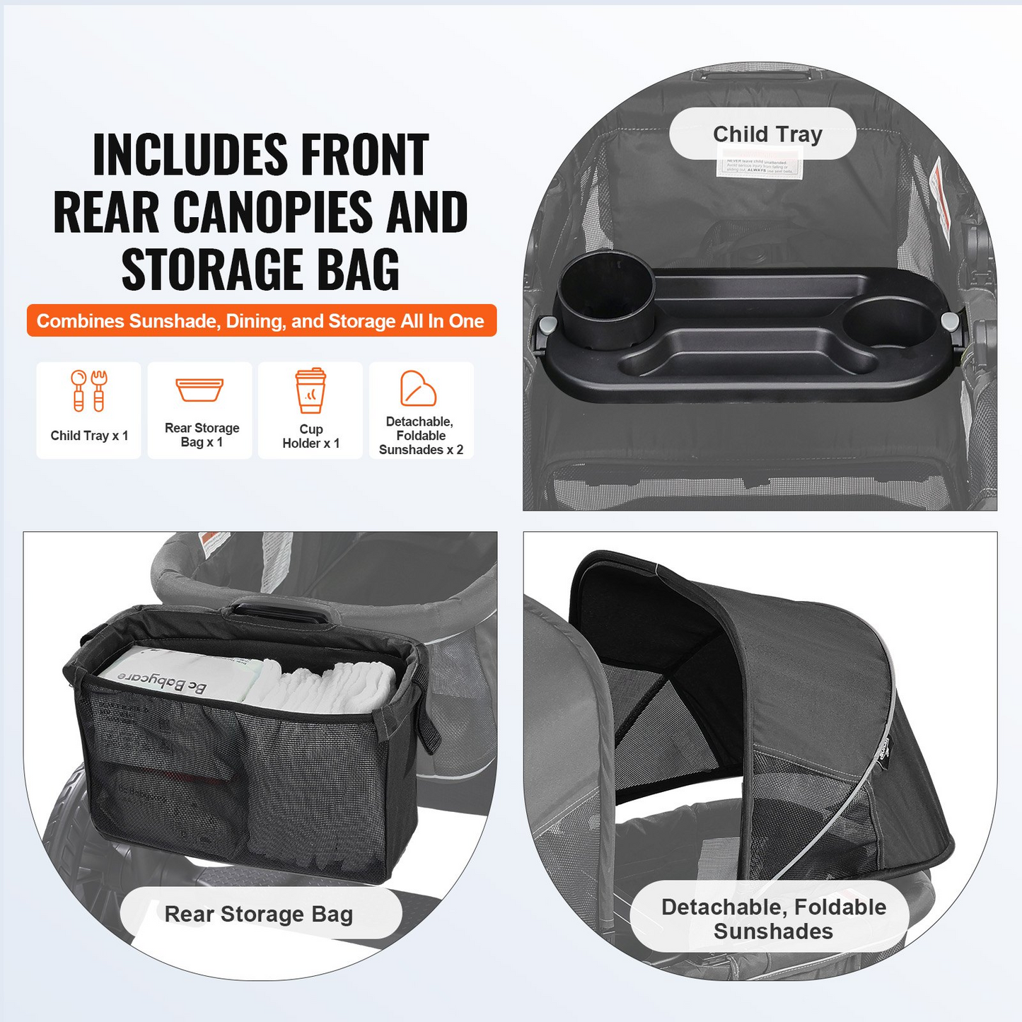 VEVOR All-Terrain Stroller Wagon, 2 Seats Foldable Expedition 2-in-1 Collapsible Wagon Stroller, Includes Canopy, Parent Organizer, Snack Tray & Cup Holders, 55lbs for Single Seat, Black