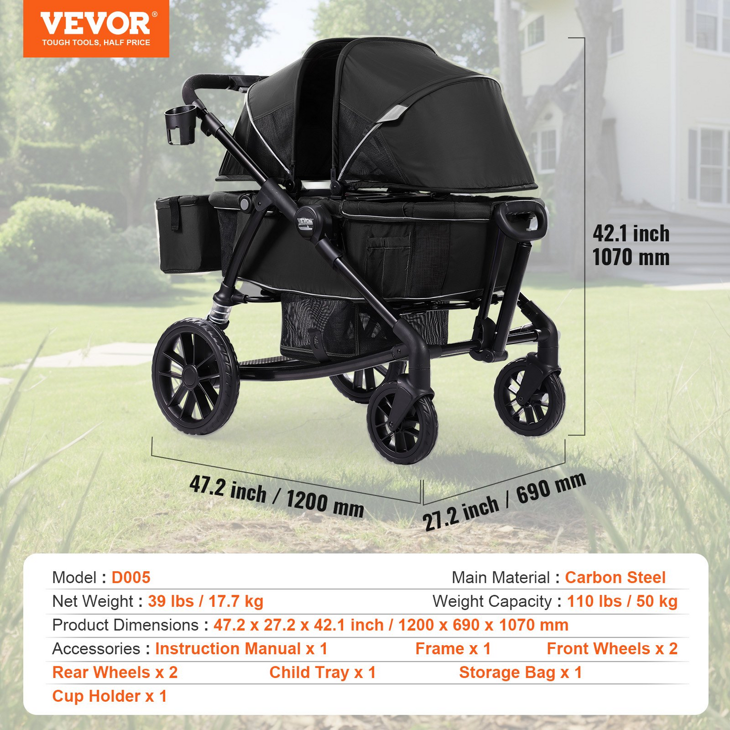 VEVOR All-Terrain Stroller Wagon, 2 Seats Foldable Expedition 2-in-1 Collapsible Wagon Stroller, Includes Canopy, Parent Organizer, Snack Tray & Cup Holders, 55lbs for Single Seat, Black