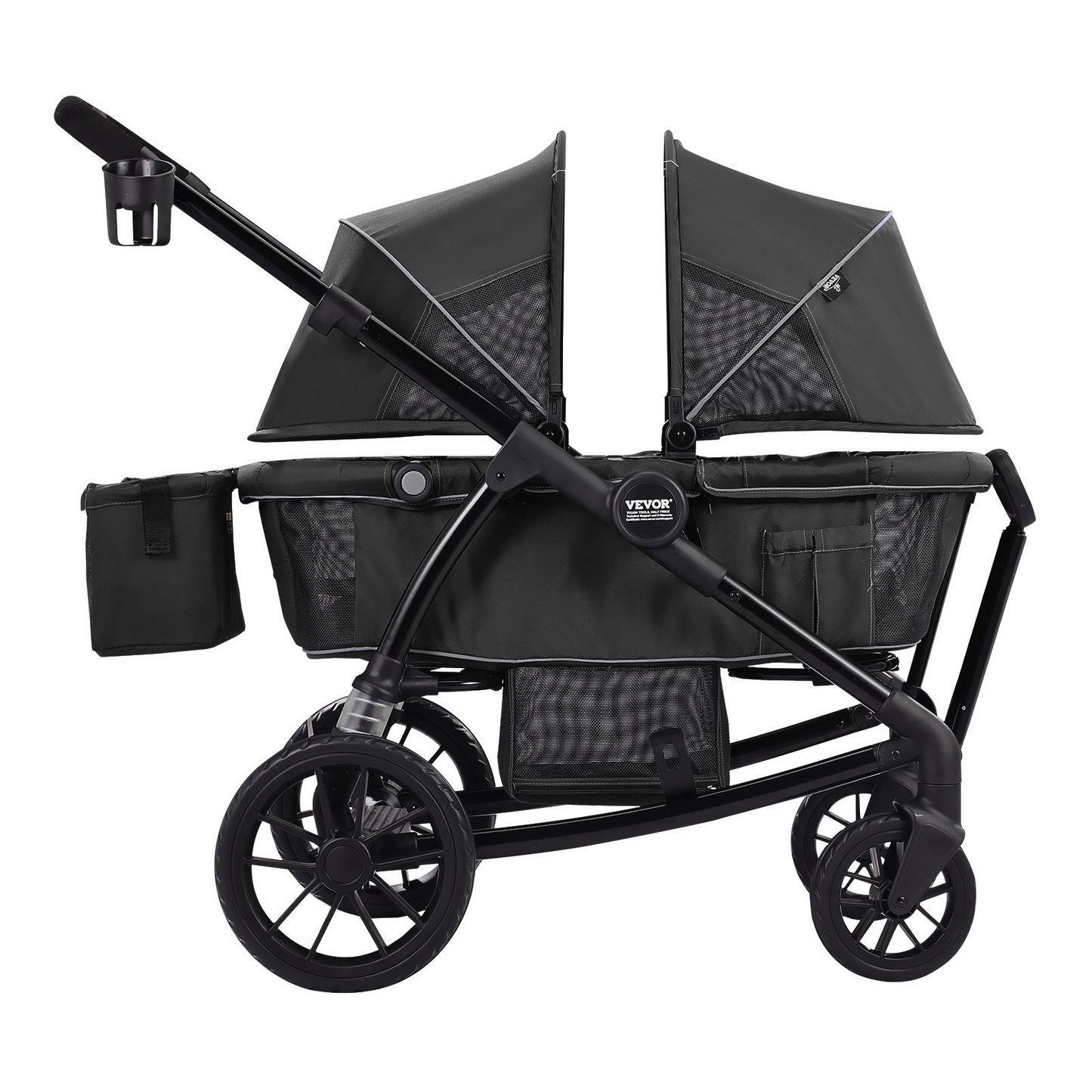 VEVOR All-Terrain Stroller Wagon, 2 Seats Foldable Expedition 2-in-1 Collapsible Wagon Stroller, Includes Canopy, Parent Organizer, Snack Tray & Cup Holders, 55lbs for Single Seat, Black