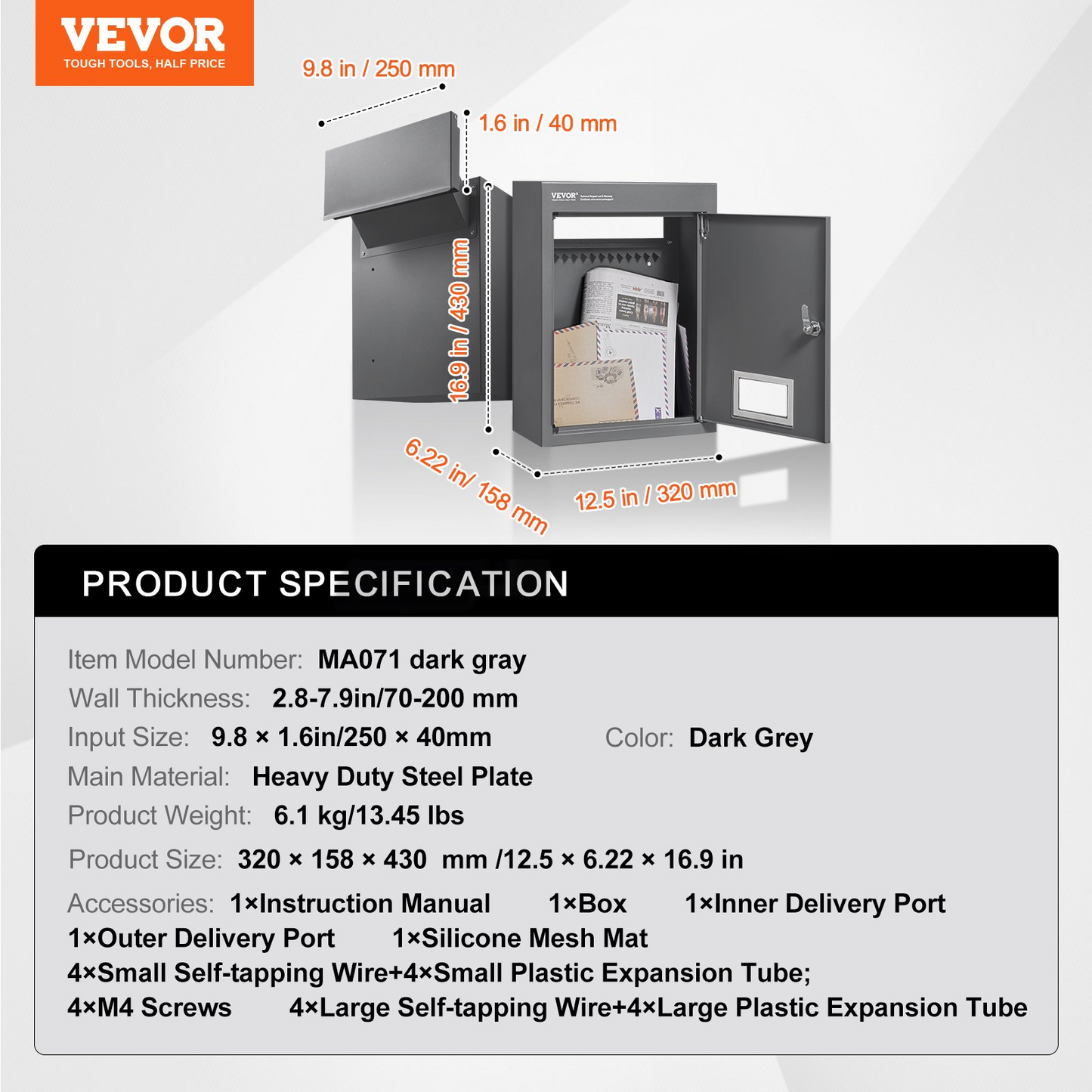 VEVOR Through The Wall Drop Box, Heavy Duty Steel Through the Wall Mailbox with 2.8-7.9" 13" Combination Lock, 12.5x6.3x16.9" Mail Drop Box, Dark Gray