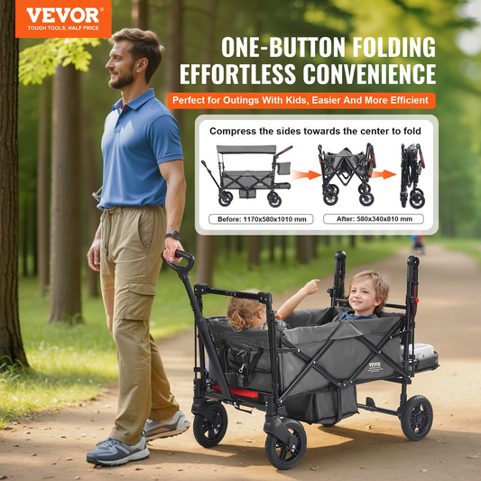 VEVOR Wagon Stroller for 2 Kids, Push Pull Quad Collapsible Stroller with Adjustable Handle, Encircling Harness Removable Canopy, 4 Wheels w/ Brakes, Mutifunction Tandem Stroller for Camping Dark Grey