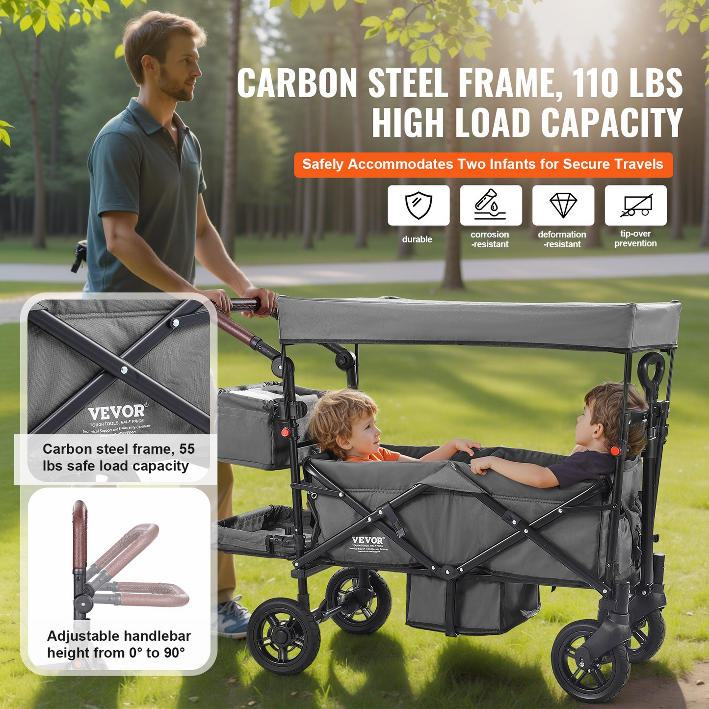 VEVOR Wagon Stroller for 2 Kids, Push Pull Quad Collapsible Stroller with Adjustable Handle, Encircling Harness Removable Canopy, 4 Wheels w/ Brakes, Mutifunction Tandem Stroller for Camping Dark Grey