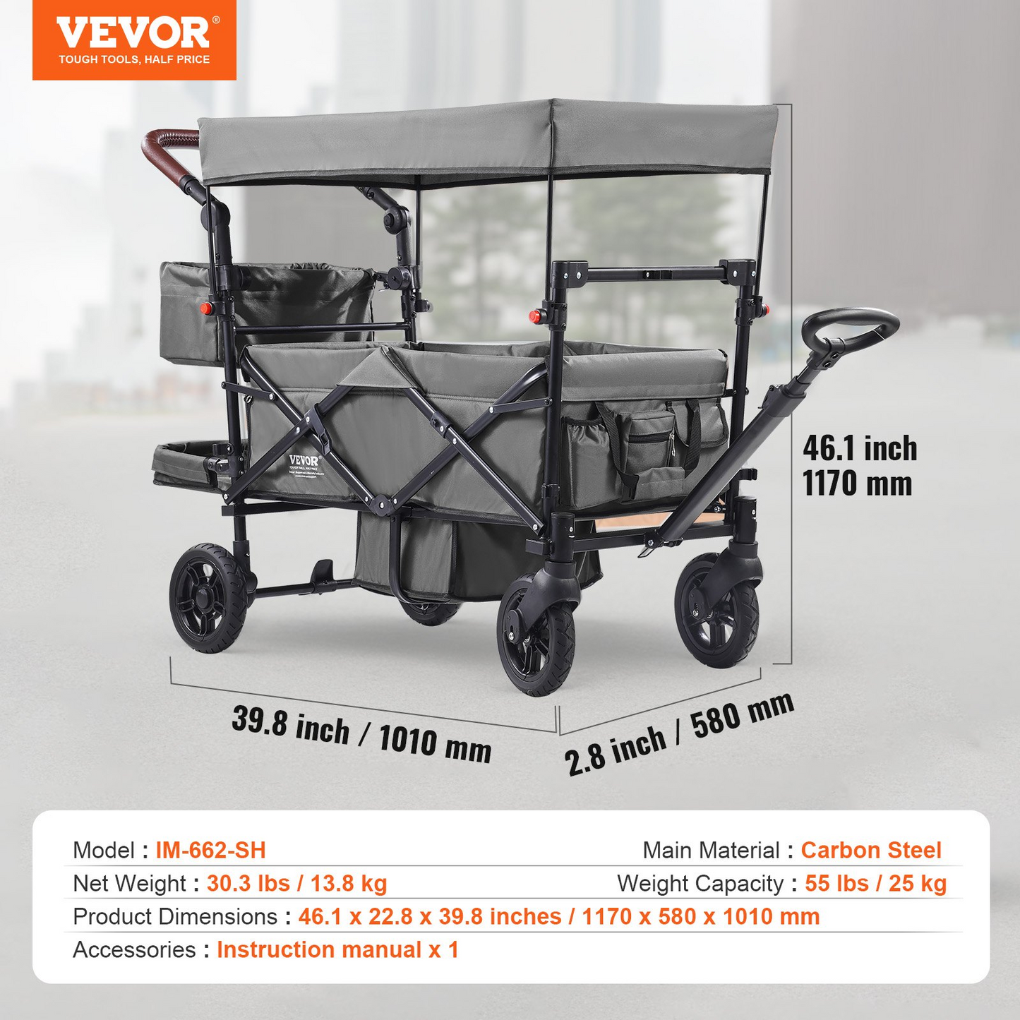 VEVOR Wagon Stroller for 2 Kids, Push Pull Quad Collapsible Stroller with Adjustable Handle, Encircling Harness Removable Canopy, 4 Wheels w/ Brakes, Mutifunction Tandem Stroller for Camping Dark Grey