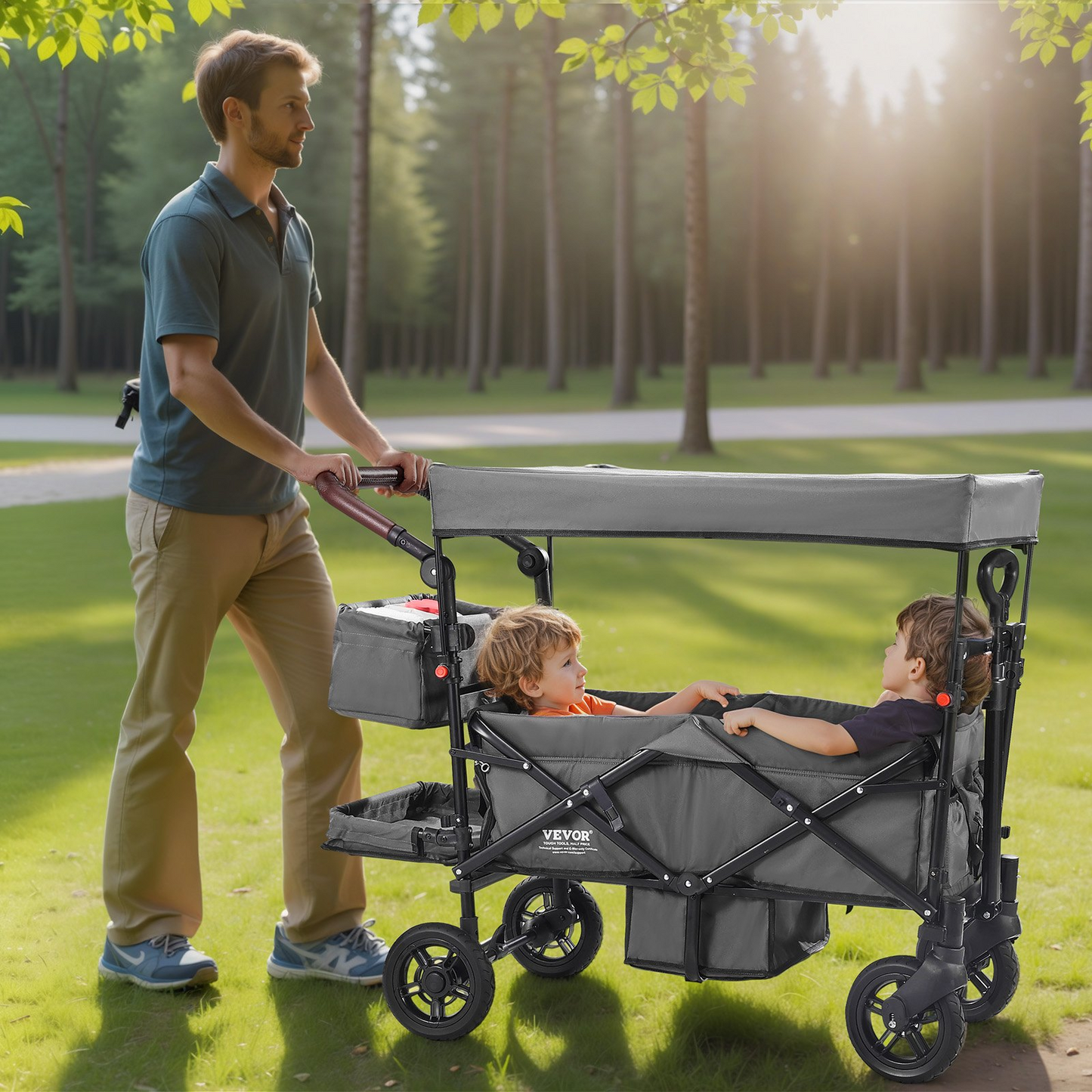 VEVOR Wagon Stroller for 2 Kids, Push Pull Quad Collapsible Stroller with Adjustable Handle, Encircling Harness Removable Canopy, 4 Wheels w/ Brakes, Mutifunction Tandem Stroller for Camping Dark Grey