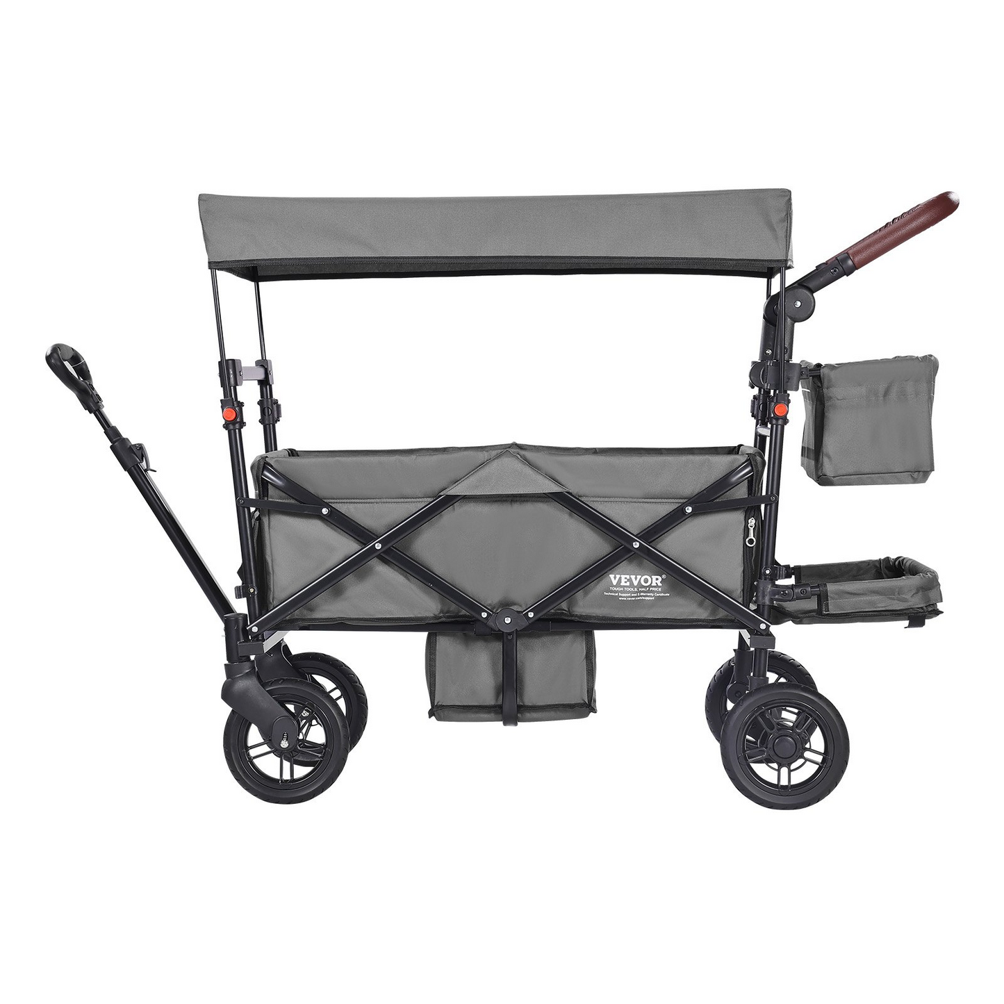 VEVOR Wagon Stroller for 2 Kids, Push Pull Quad Collapsible Stroller with Adjustable Handle, Encircling Harness Removable Canopy, 4 Wheels w/ Brakes, Mutifunction Tandem Stroller for Camping Dark Grey