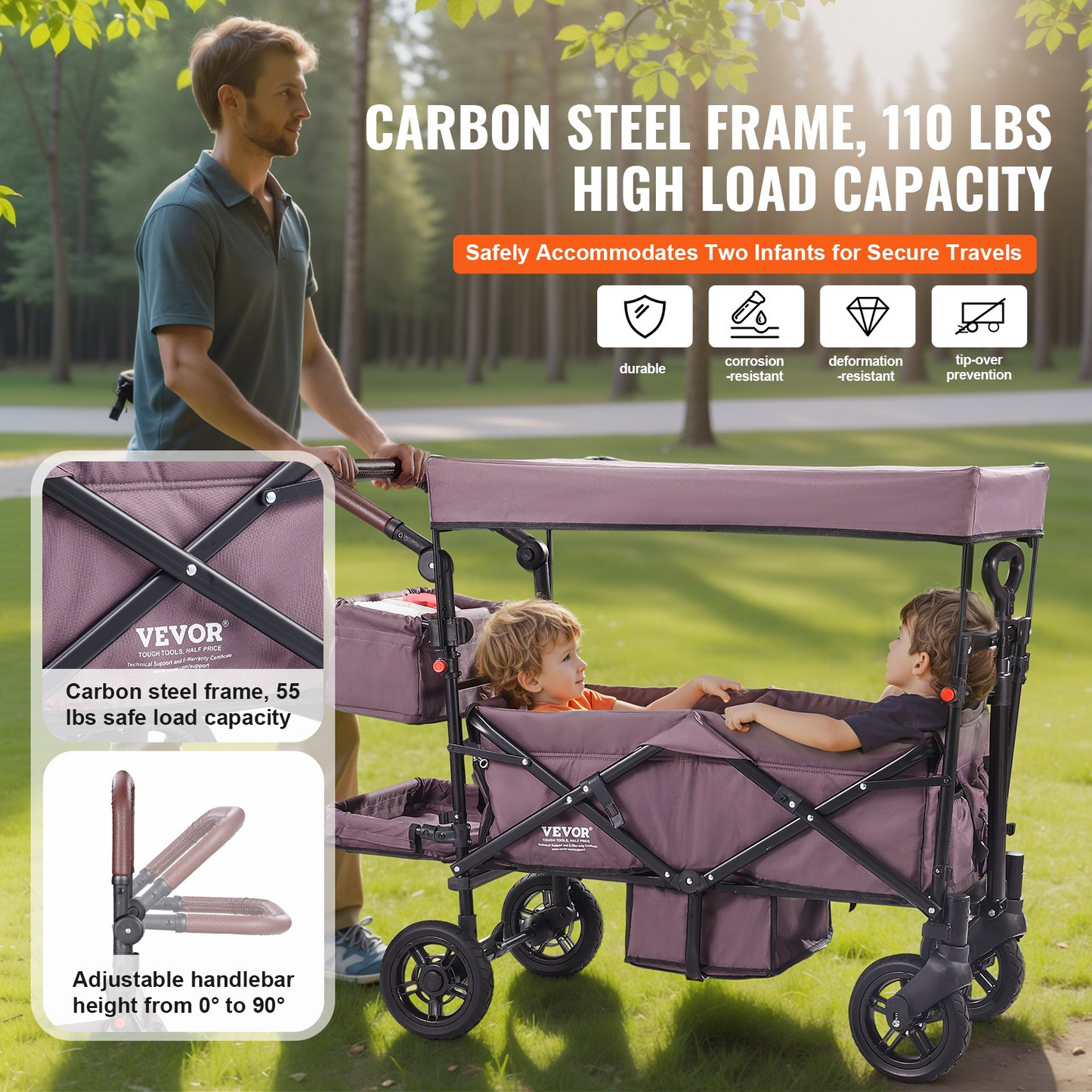 VEVOR Wagon Stroller for 2 Kids, Push Pull Quad Collapsible Stroller with Adjustable Handle, Encircling Harness Removable Canopy,4 Wheels w/ Brakes,Mutifunction Tandem Stroller for Camping Dark Purple