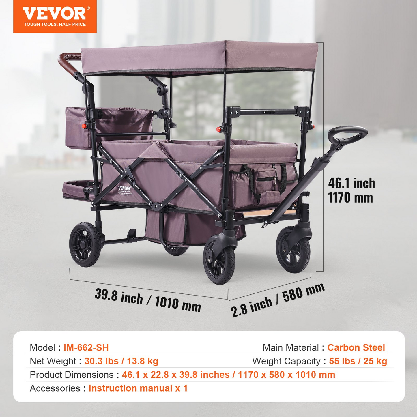 VEVOR Wagon Stroller for 2 Kids, Push Pull Quad Collapsible Stroller with Adjustable Handle, Encircling Harness Removable Canopy,4 Wheels w/ Brakes,Mutifunction Tandem Stroller for Camping Dark Purple