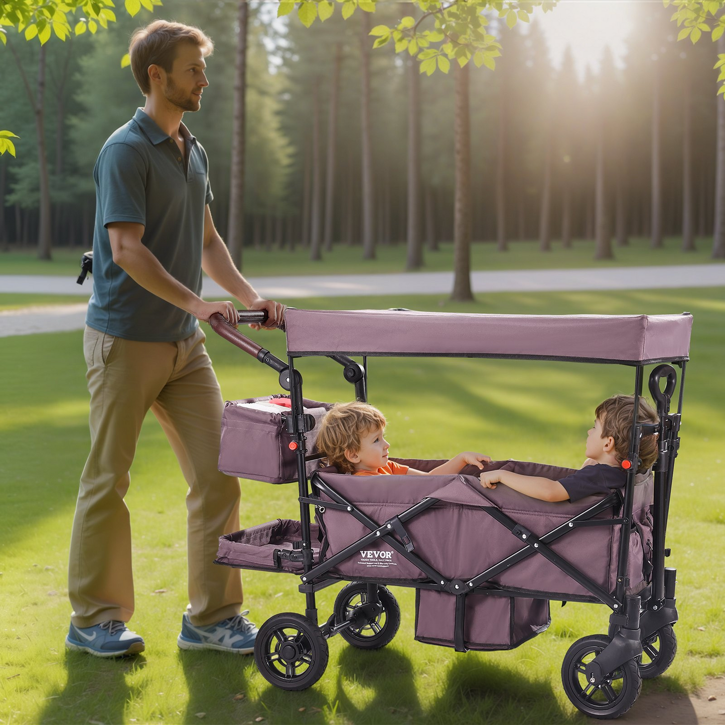 VEVOR Wagon Stroller for 2 Kids, Push Pull Quad Collapsible Stroller with Adjustable Handle, Encircling Harness Removable Canopy,4 Wheels w/ Brakes,Mutifunction Tandem Stroller for Camping Dark Purple