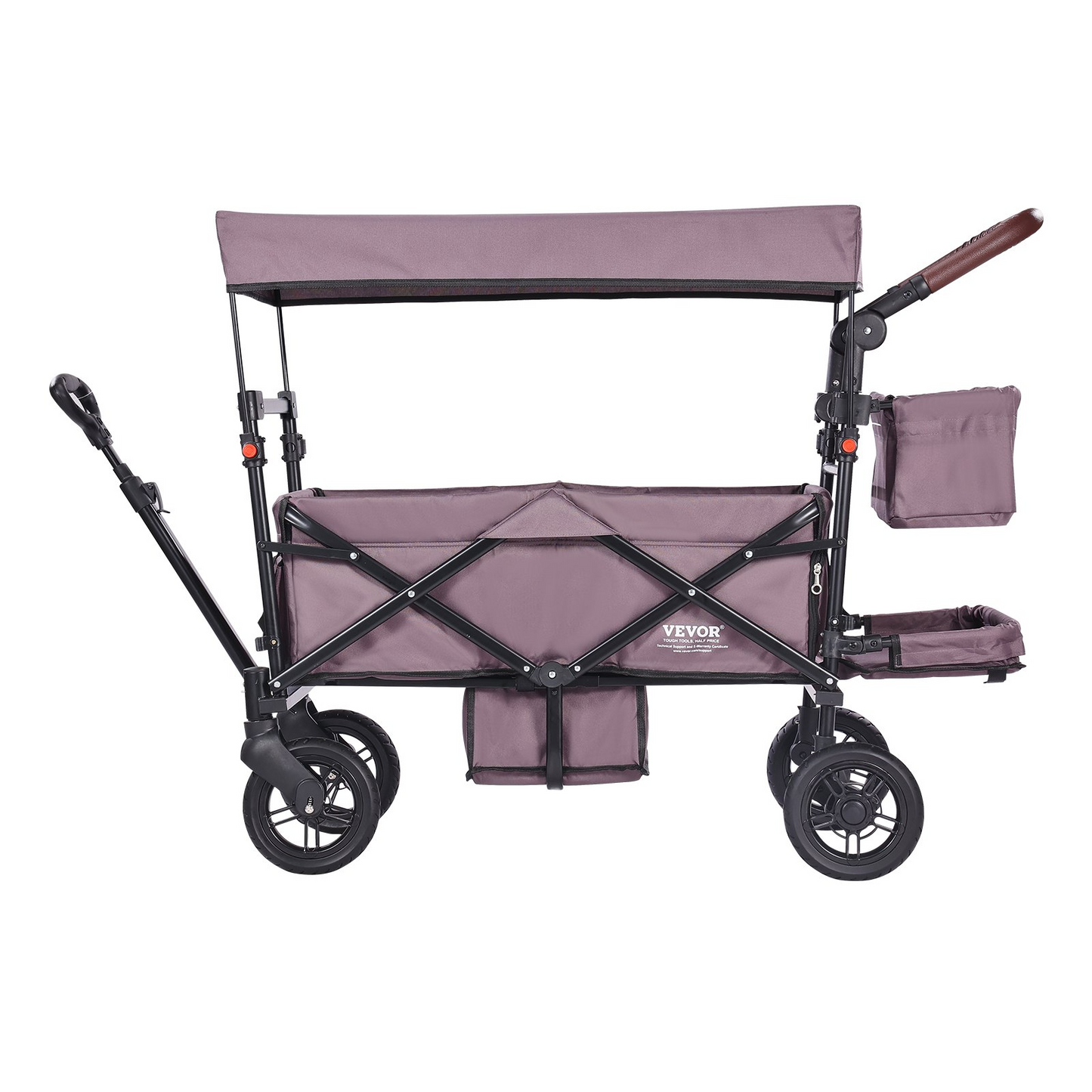 VEVOR Wagon Stroller for 2 Kids, Push Pull Quad Collapsible Stroller with Adjustable Handle, Encircling Harness Removable Canopy,4 Wheels w/ Brakes,Mutifunction Tandem Stroller for Camping Dark Purple