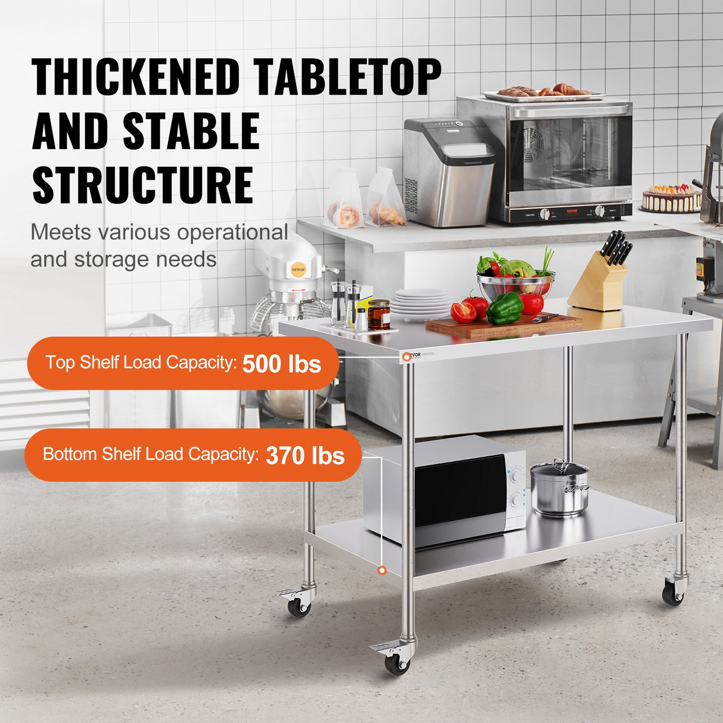 VEVOR Stainless Steel Work Table 30 x 48 x 38 Inch, with 4 Wheels, 3 Adjustable Height Levels, Heavy Duty Food Prep Worktable for Commercial Kitchen Restaurant, Silver