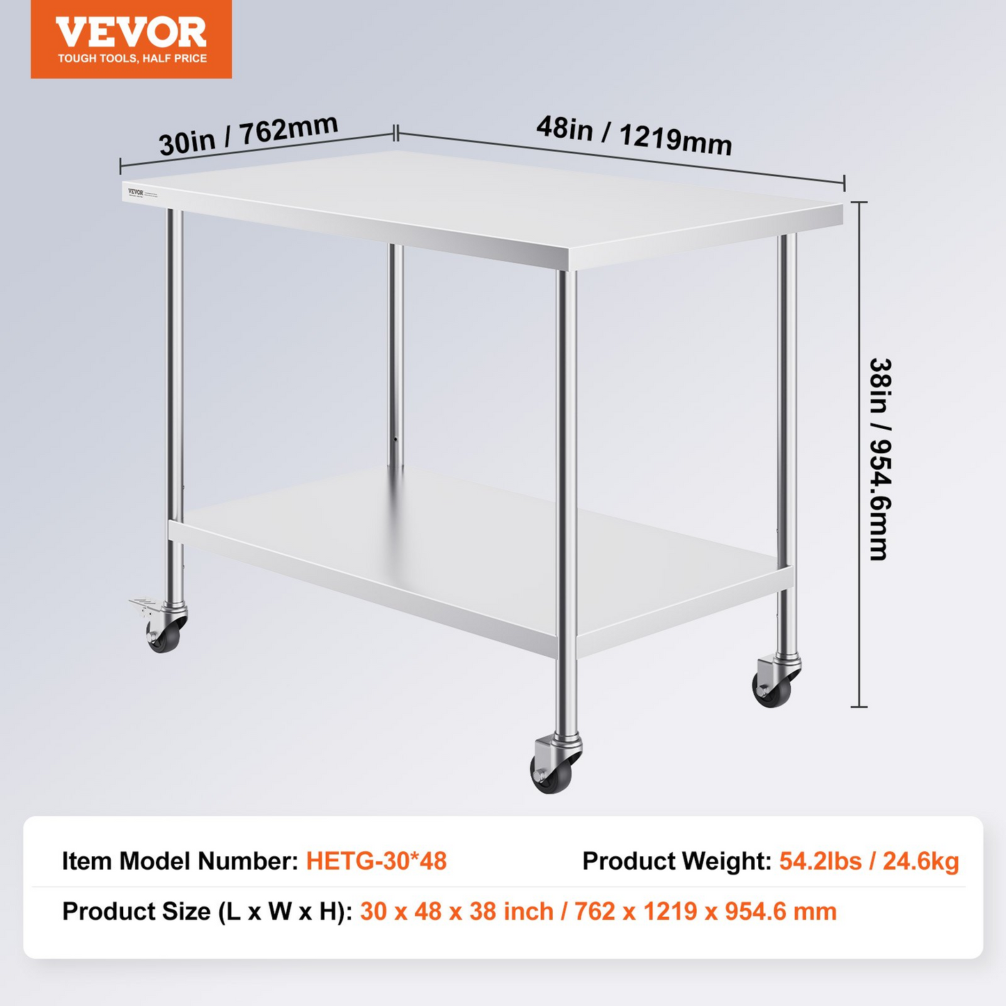 VEVOR Stainless Steel Work Table 30 x 48 x 38 Inch, with 4 Wheels, 3 Adjustable Height Levels, Heavy Duty Food Prep Worktable for Commercial Kitchen Restaurant, Silver