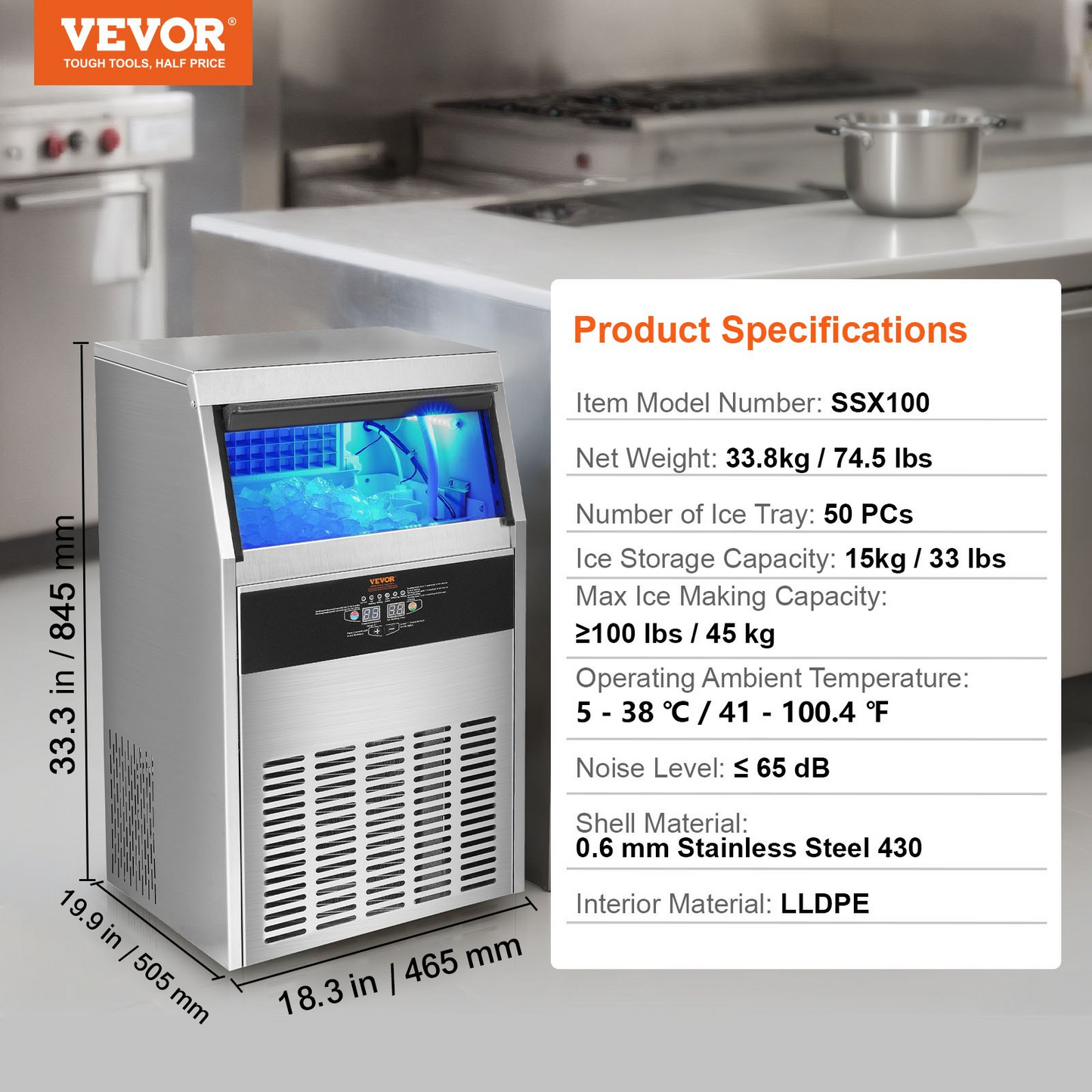 VEVOR Commercial Ice Maker, 100lbs/24H, Ice Maker Machine, 50 Ice Cubes in 12-15 Minutes, Freestanding Cabinet Ice Maker with 33lbs Storage Capacity LED Digital Display, for Bar Home Office Restaurant