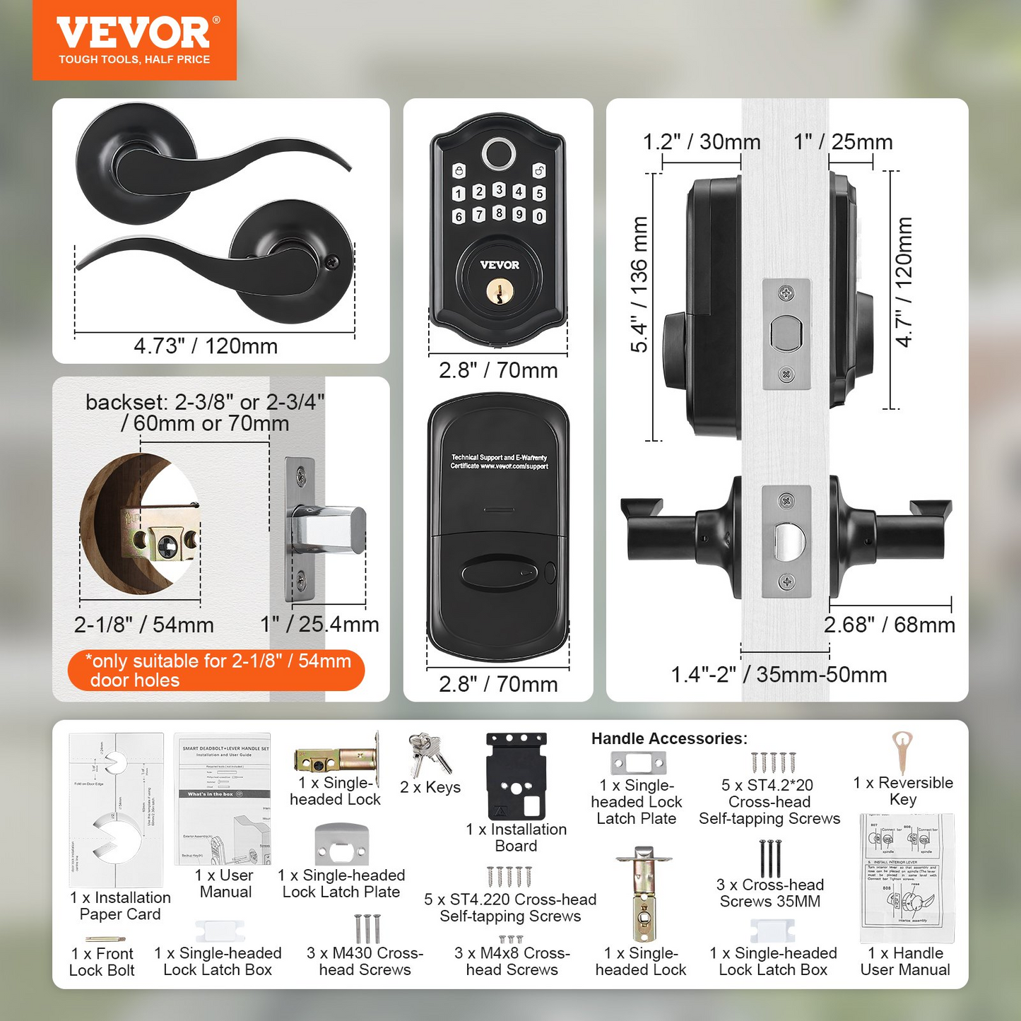 VEVOR Fingerprint Door Lock with 2 Level Handles, Keyless Entry Door Lock with Fingerprint/Keypad Code/Key, Auto Lock, Electronic Keypad Deadbolt with 300 Users, Anti-Peeking Password, for Front Door