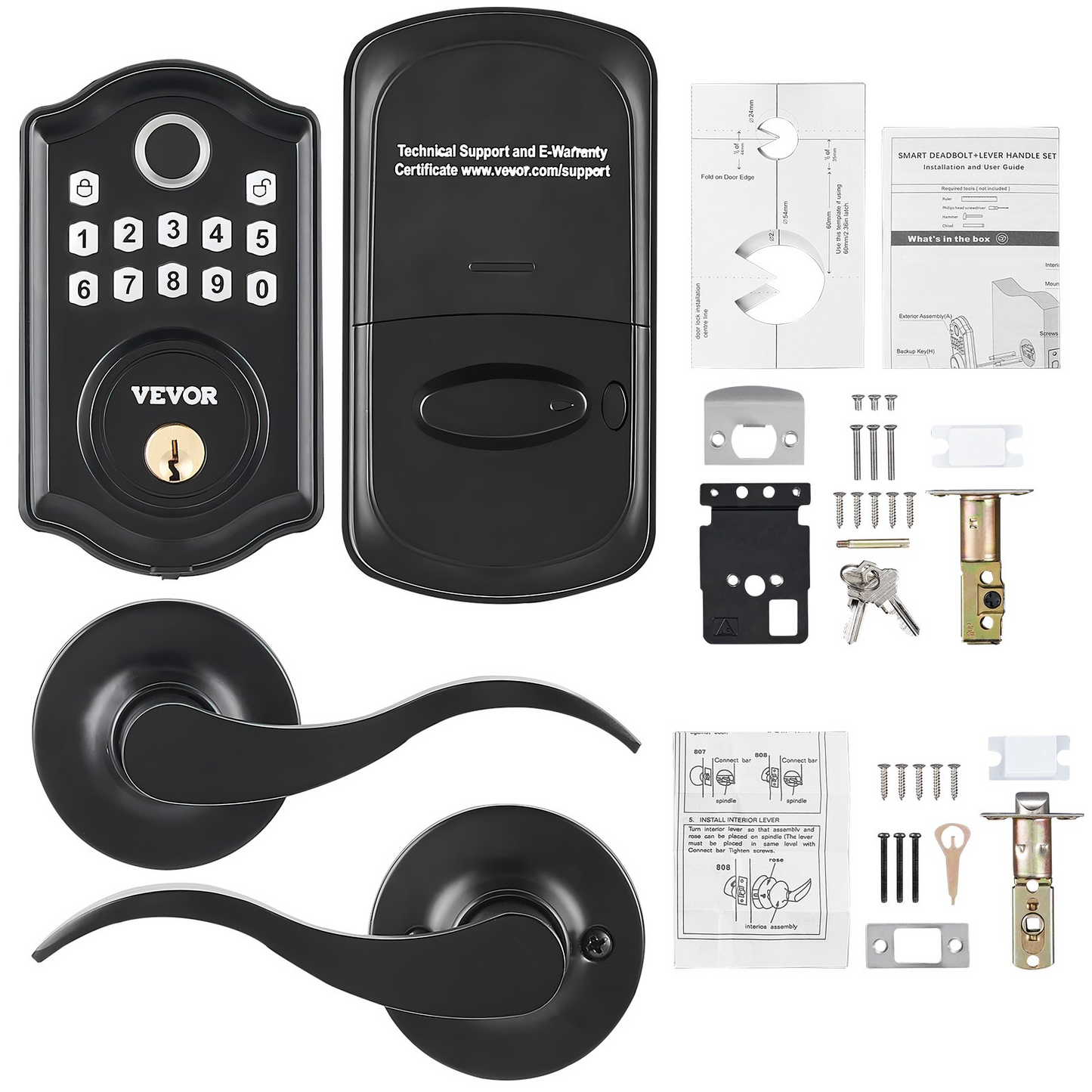 VEVOR Fingerprint Door Lock with 2 Level Handles, Keyless Entry Door Lock with Fingerprint/Keypad Code/Key, Auto Lock, Electronic Keypad Deadbolt with 300 Users, Anti-Peeking Password, for Front Door