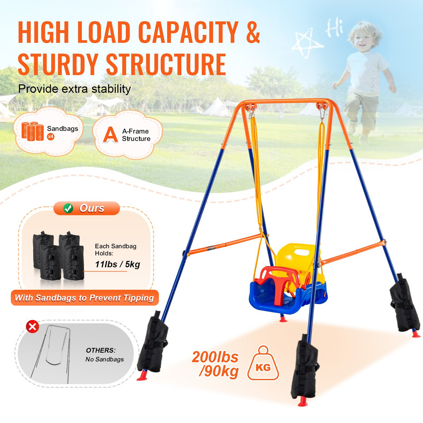 VEVOR Swing Sets for Backyard 3 in 1 Toddler Swing Set with 4 Sandbags Foldable