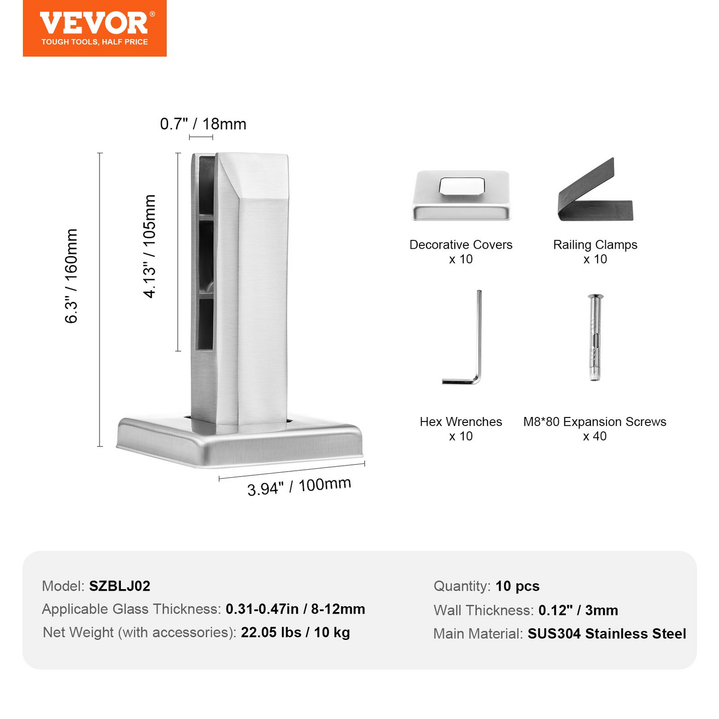 VEVOR Glass Clamp, 10 PCS Square Glass Railing Bracket for 0.31 "-0.47 " Tempered Glass, 304 Stainless Steel Glass Mounting Clamp, 0.12” Thick Glass Shelf Bracket for Balcony, Garden, Stair, Silver