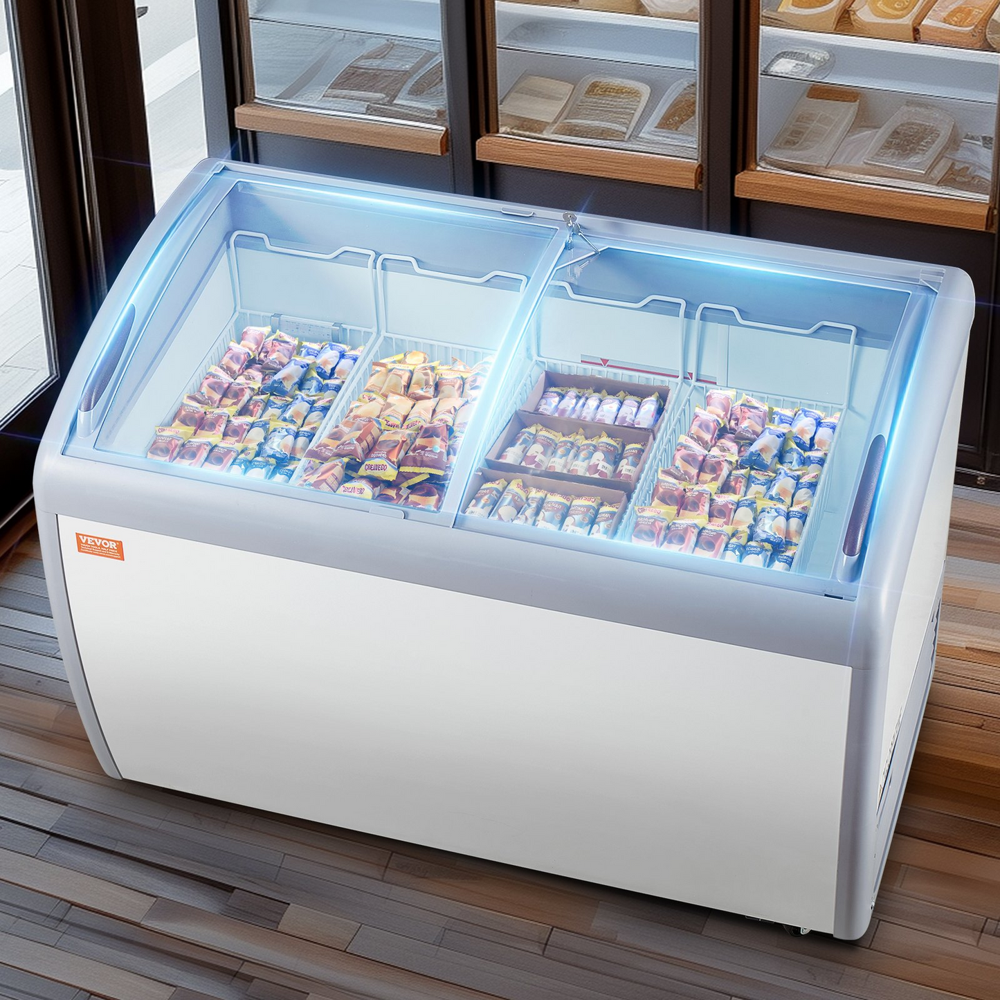 VEVOR Commercial Ice Cream Display Case, 12.8 Cu.ft Chest Freezer, Mobile Glass Top Deep Freezer, Restaurant Gelato Dipping Cabinet with 4 Wire Baskets, 2 Sliding Glass Doosr, Locking Casters, White