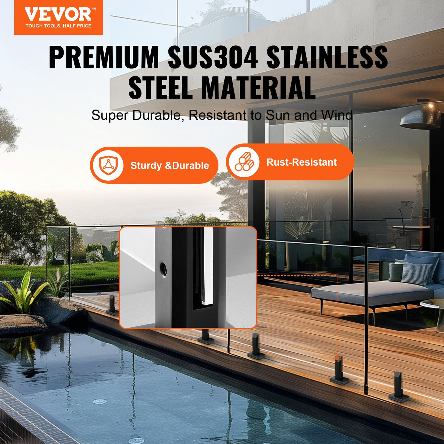 VEVOR Glass Clamp, 4 PCS Square Glass Railing Bracket for 0.31 "-0.47 " Tempered Glass, 304 Stainless Steel Glass Mounting Clamp, 0.12” Thick Glass Shelf Bracket for Balcony, Garden, Deck, Stair