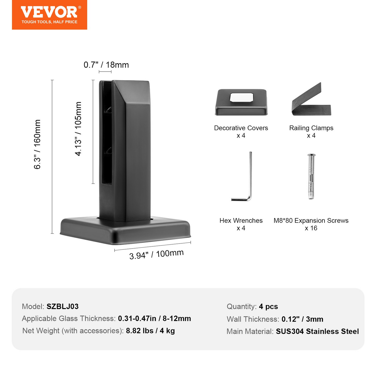 VEVOR Glass Clamp, 4 PCS Square Glass Railing Bracket for 0.31 "-0.47 " Tempered Glass, 304 Stainless Steel Glass Mounting Clamp, 0.12” Thick Glass Shelf Bracket for Balcony, Garden, Deck, Stair