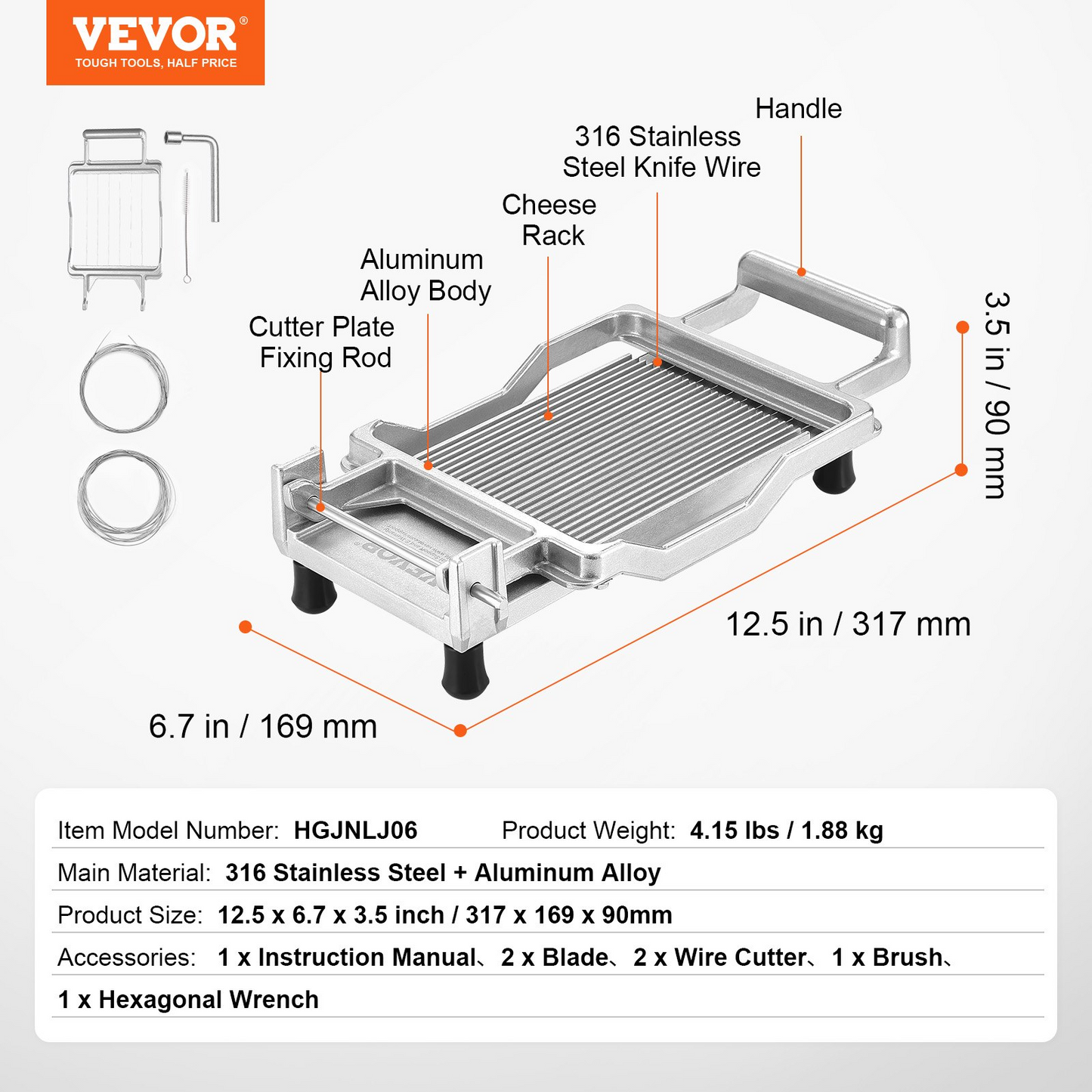 VEVOR Cheese Cutter with Wire Cheeser Butter Cutting 0.39" & 0.78" Cheese Slicer