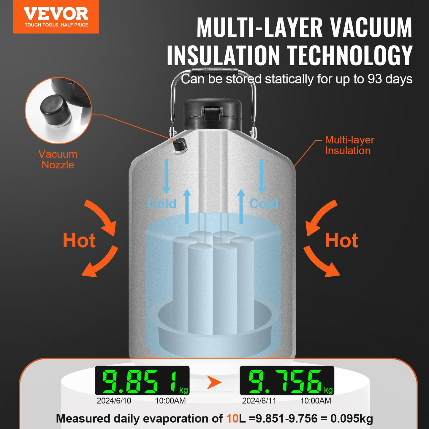 VEVOR Liquid Nitrogen Tank 10 L Aluminum Alloy LN2 Container Dewar 6 Canisters