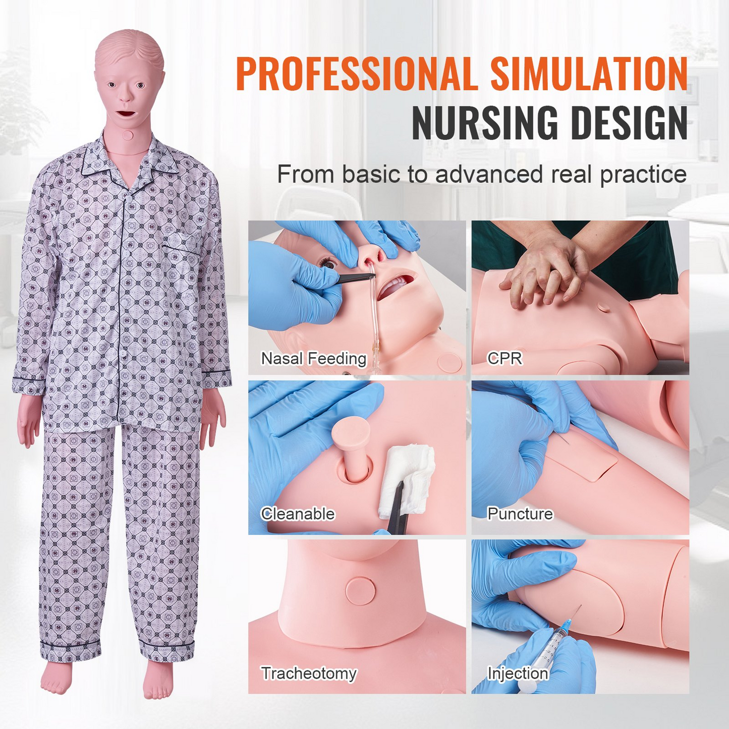 VEVOR Nursing Training Manikin, Male Life Size Demonstration Human Manikin for Nursing Training, Multifunctional Education Teaching Model Supplies, PVC Anatomical Mannequin Body Care Simulator Model