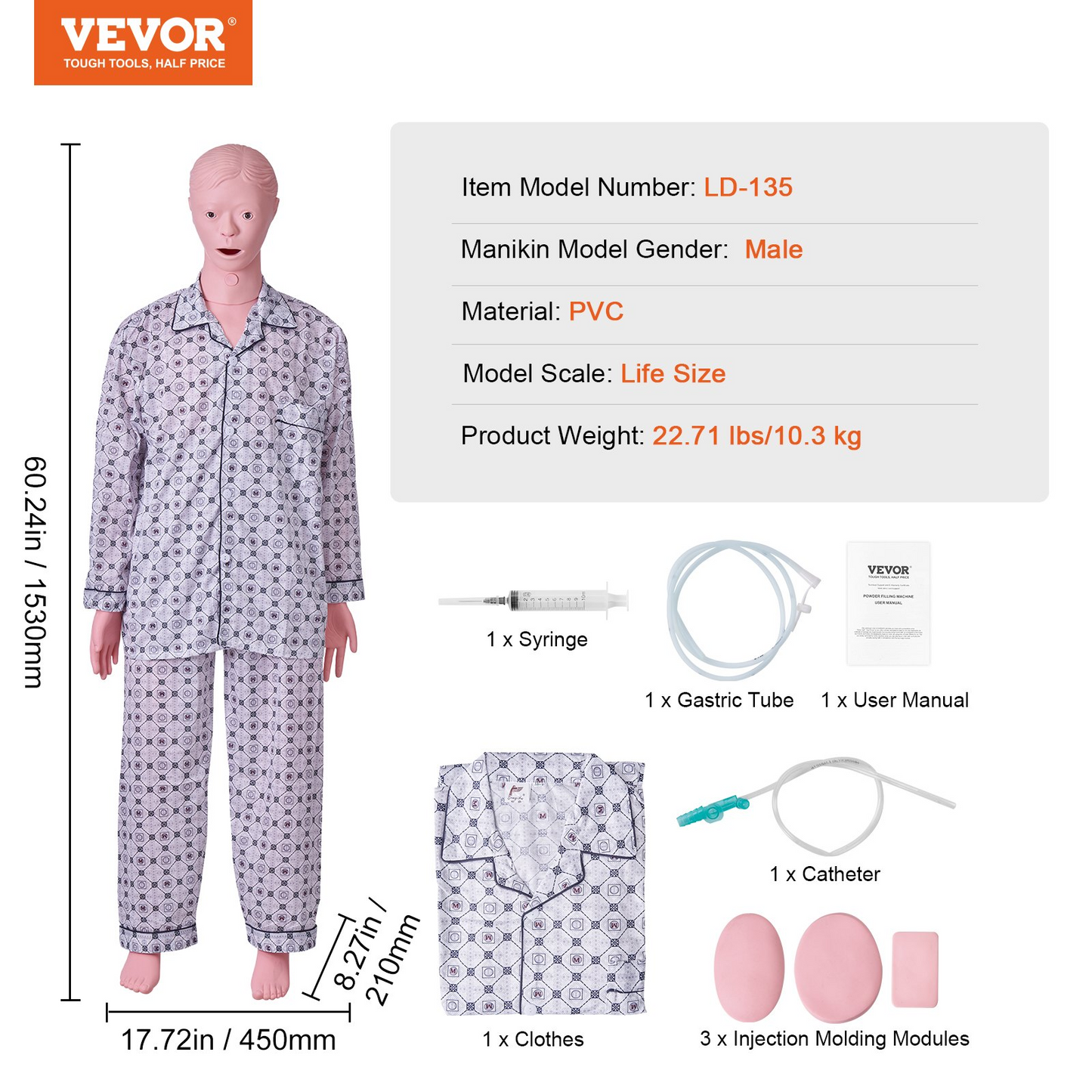 VEVOR Nursing Training Manikin, Male Life Size Demonstration Human Manikin for Nursing Training, Multifunctional Education Teaching Model Supplies, PVC Anatomical Mannequin Body Care Simulator Model