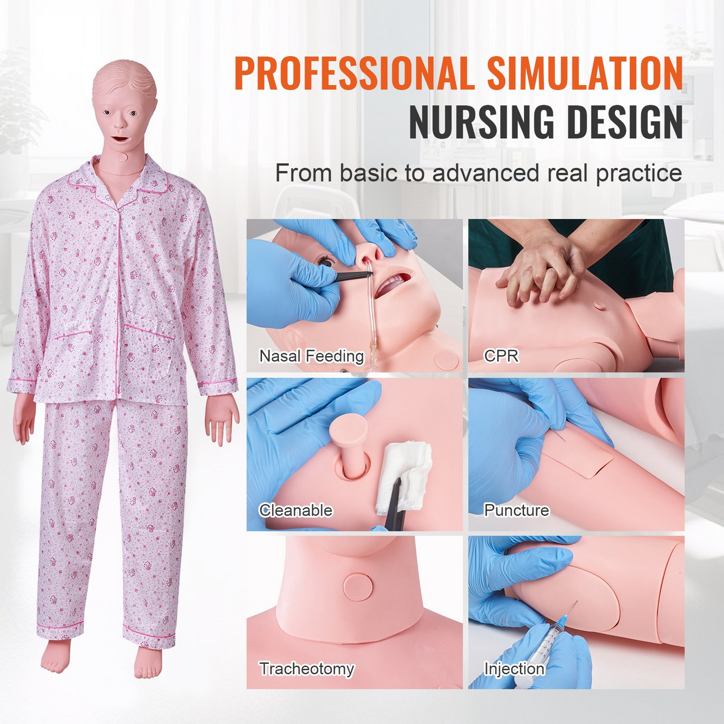 VEVOR Nursing Training Manikin, Female Life Size Demonstration Human Manikin for Nursing Training, Multifunctional Education Teaching Model Supplies, PVC Anatomical Mannequin Body Care Simulator Model