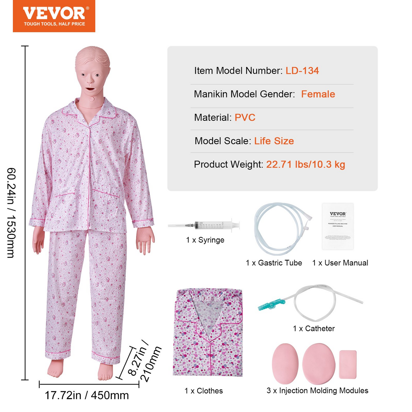 VEVOR Nursing Training Manikin, Female Life Size Demonstration Human Manikin for Nursing Training, Multifunctional Education Teaching Model Supplies, PVC Anatomical Mannequin Body Care Simulator Model