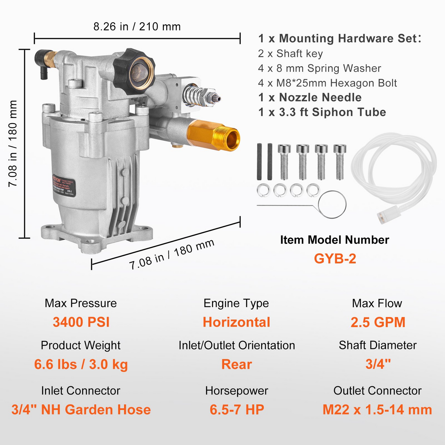 VEVOR Pressure Washer Pump, 3/4" Shaft Horizontal, 3400 PSI, 2.5 GPM, Replacement Power Washer Pumps Kit, Parts Washer Pump, Compatible with Honda, Simpson, RYOBI, Briggs & Stratton, Subaru, Craftsman