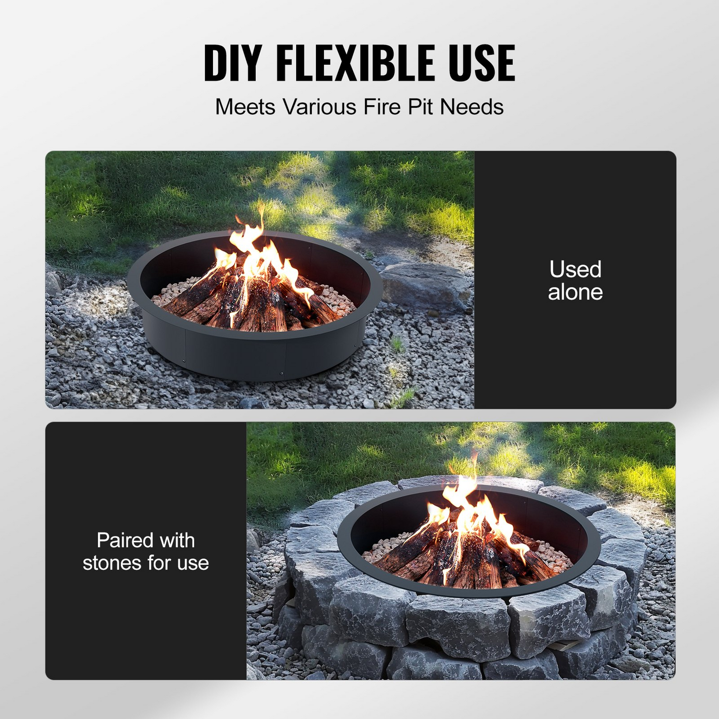 VEVOR Fire Pit Ring Round 40” Outer 36” Inner Steel Liner DIY Campfire Firepit