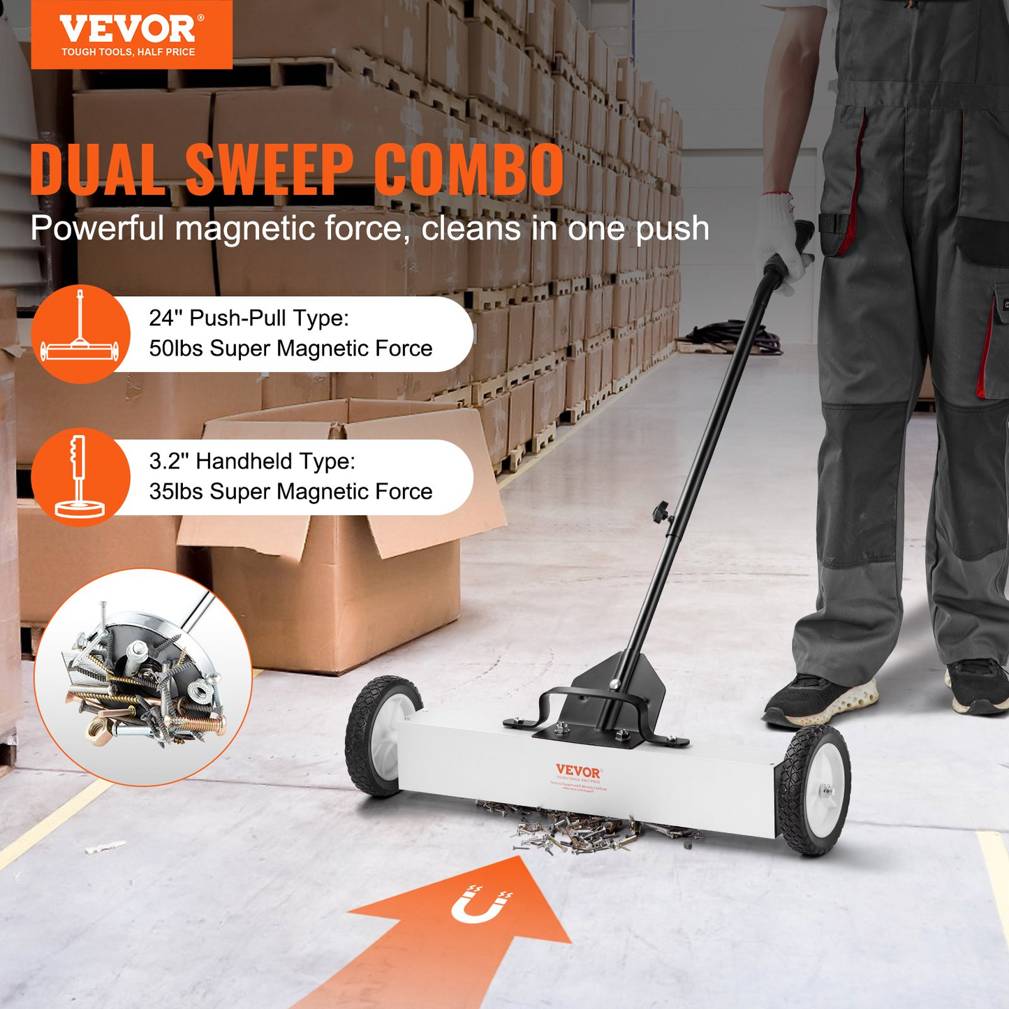 VEVOR 24-Inch Magnetic Sweeper with Wheels Telescoping Magnetic Pickup Tool