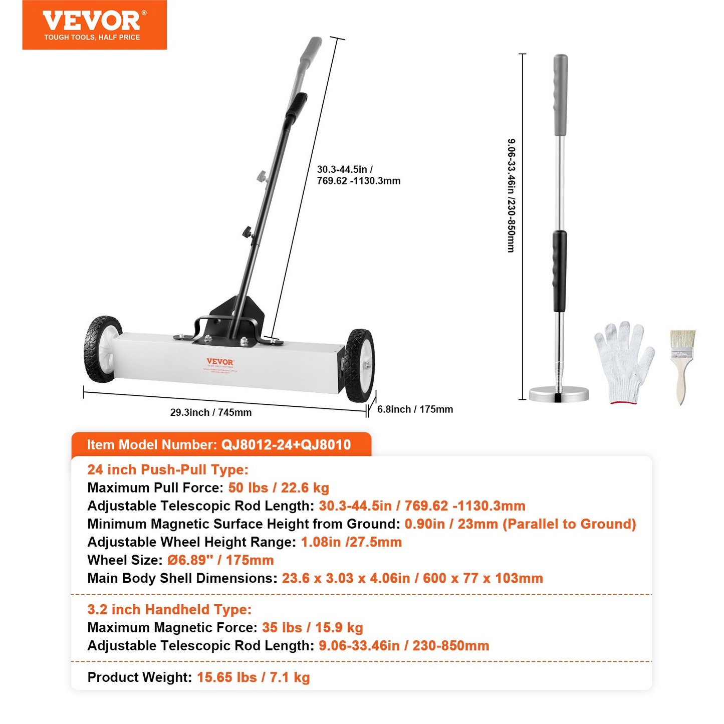 VEVOR 24-Inch Magnetic Sweeper with Wheels Telescoping Magnetic Pickup Tool