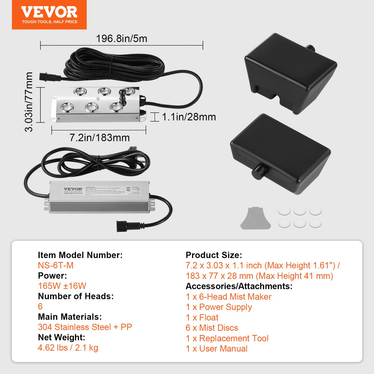 VEVOR 6 Head Ultrasonic Mist Maker 4500mL/H Ultrasonic Fogger IP67 Waterproof