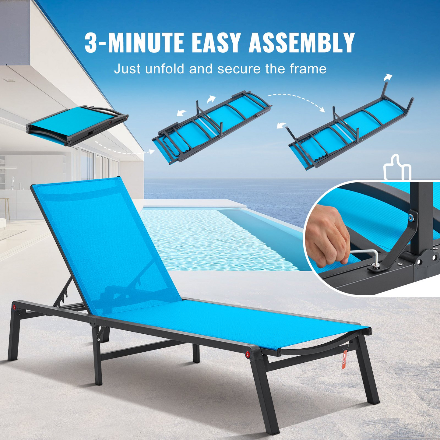 VEVOR Chaise Lounge Chair Outdoor Patio Lounge Chair Adjustable 5-Position 2 pcs