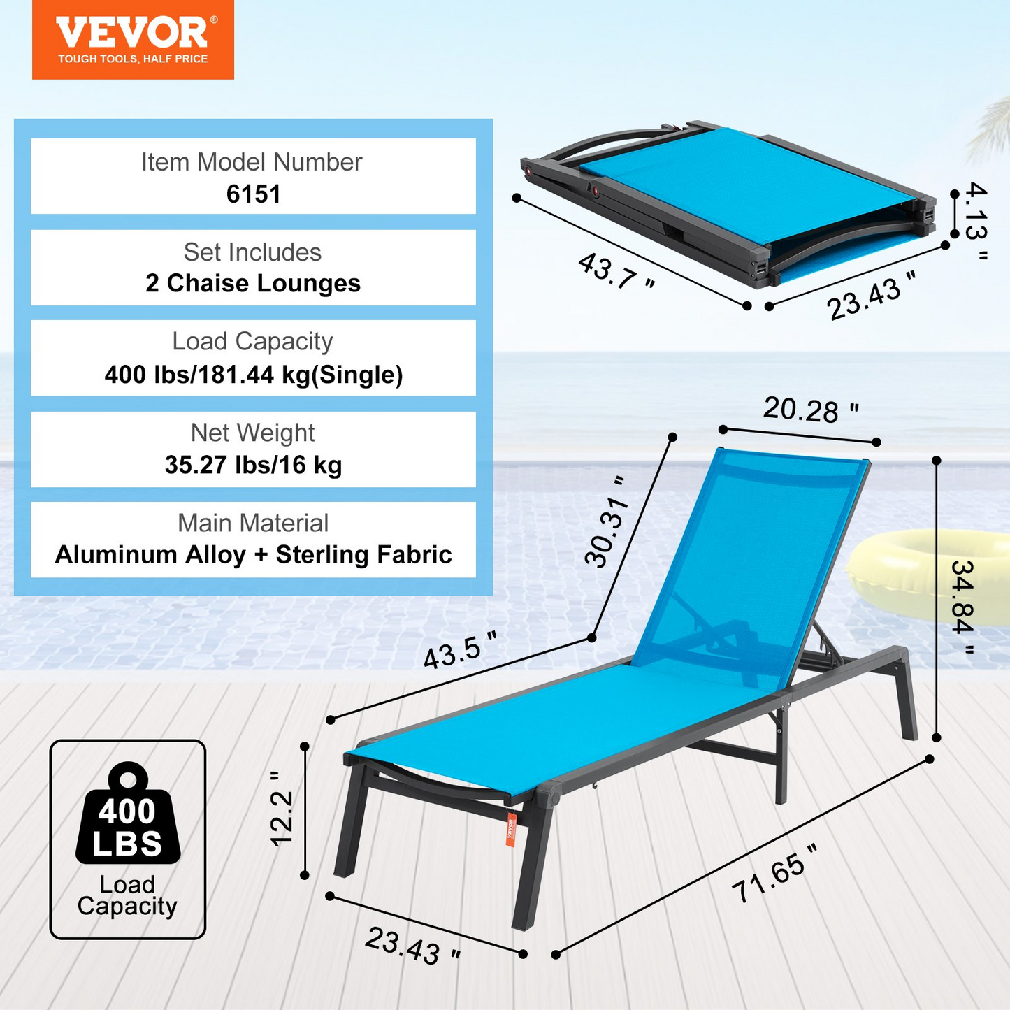 VEVOR Chaise Lounge Chair Outdoor Patio Lounge Chair Adjustable 5-Position 2 pcs