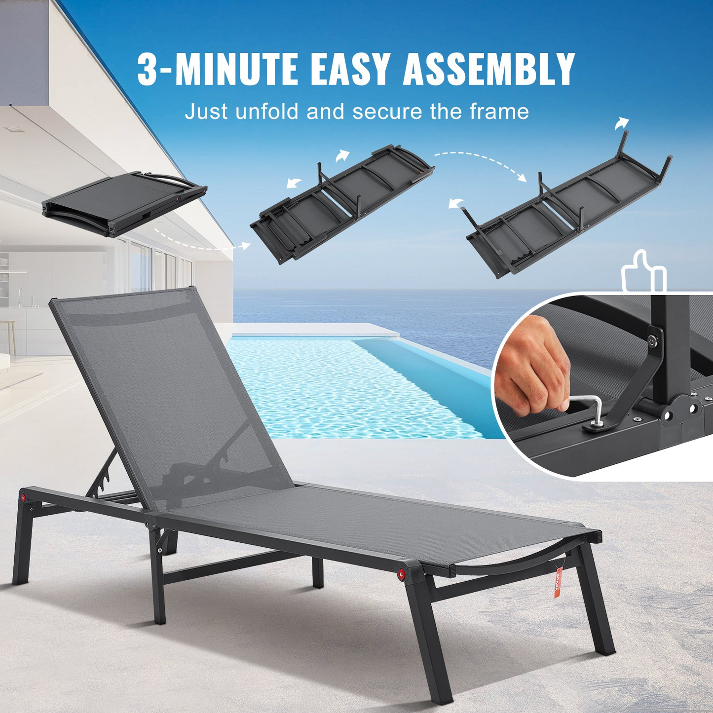 VEVOR Chaise Lounge Chair Outdoor Patio Lounge Chair with Adjustable 5-Position