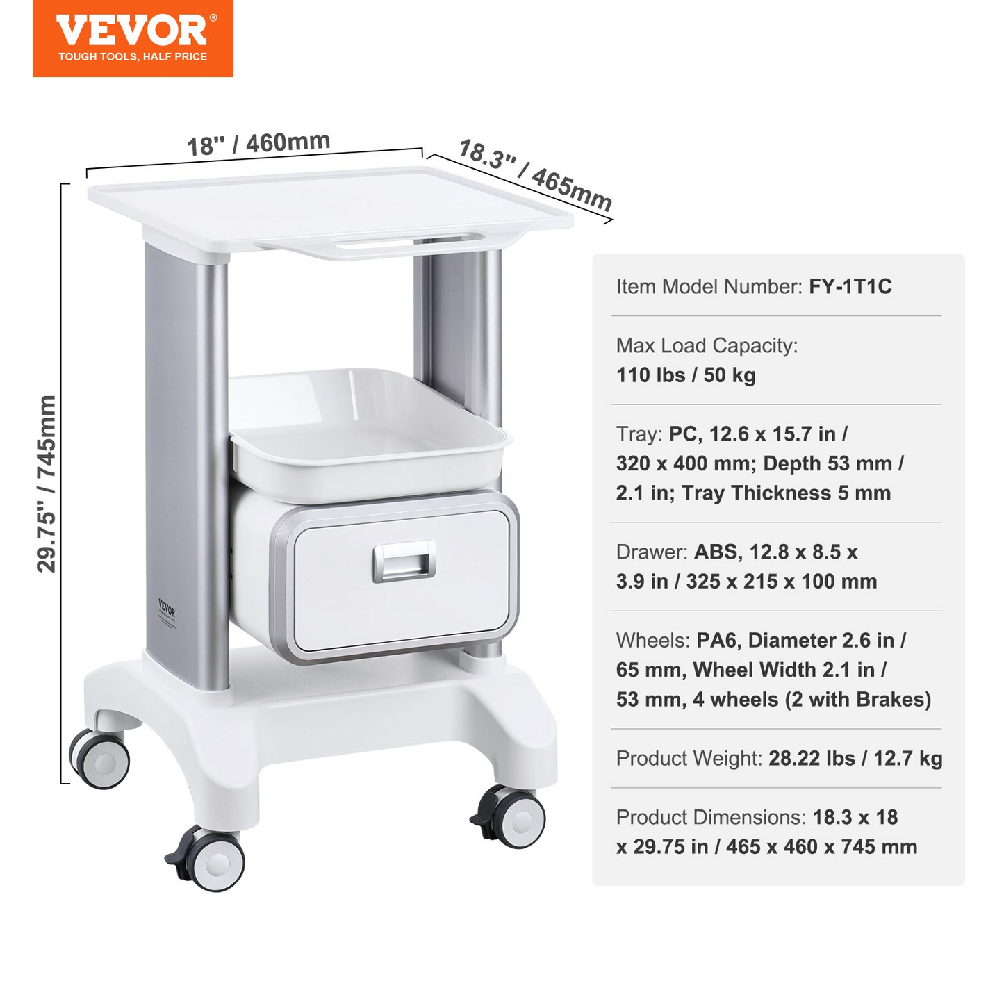 VEVOR 2 Tiers Lab Carts Mobile Medical Cart with 1 Drawer & 1 Top Tray White