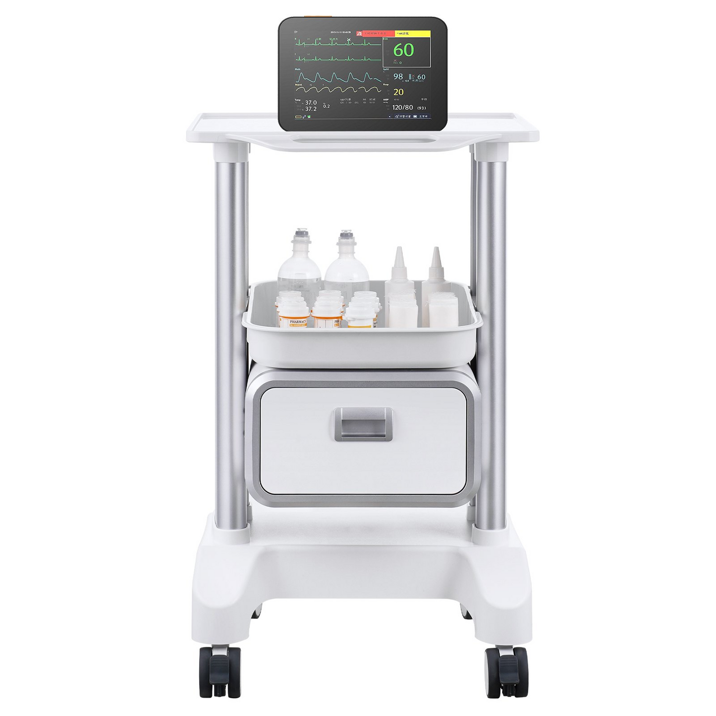 VEVOR 2 Tiers Lab Carts Mobile Medical Cart with 1 Drawer & 1 Top Tray White