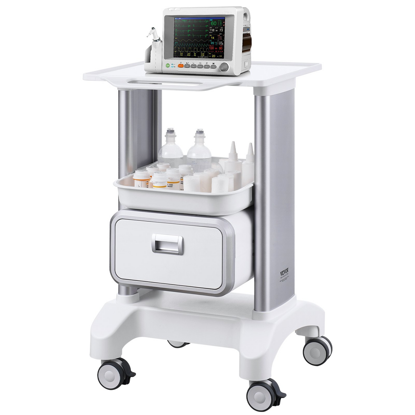 VEVOR 2 Tiers Lab Carts Mobile Medical Cart with 1 Drawer & 1 Top Tray White