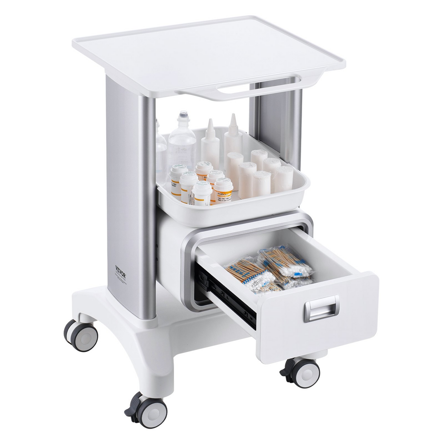 VEVOR 2 Tiers Lab Carts Mobile Medical Cart with 1 Drawer & 1 Top Tray White