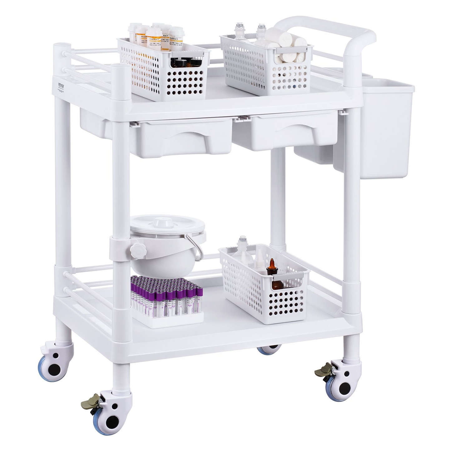 VEVOR 2 Tiers Lab Carts Mobile Medical Cart 2 Trays 2 Drawers 3 Trash Cans White