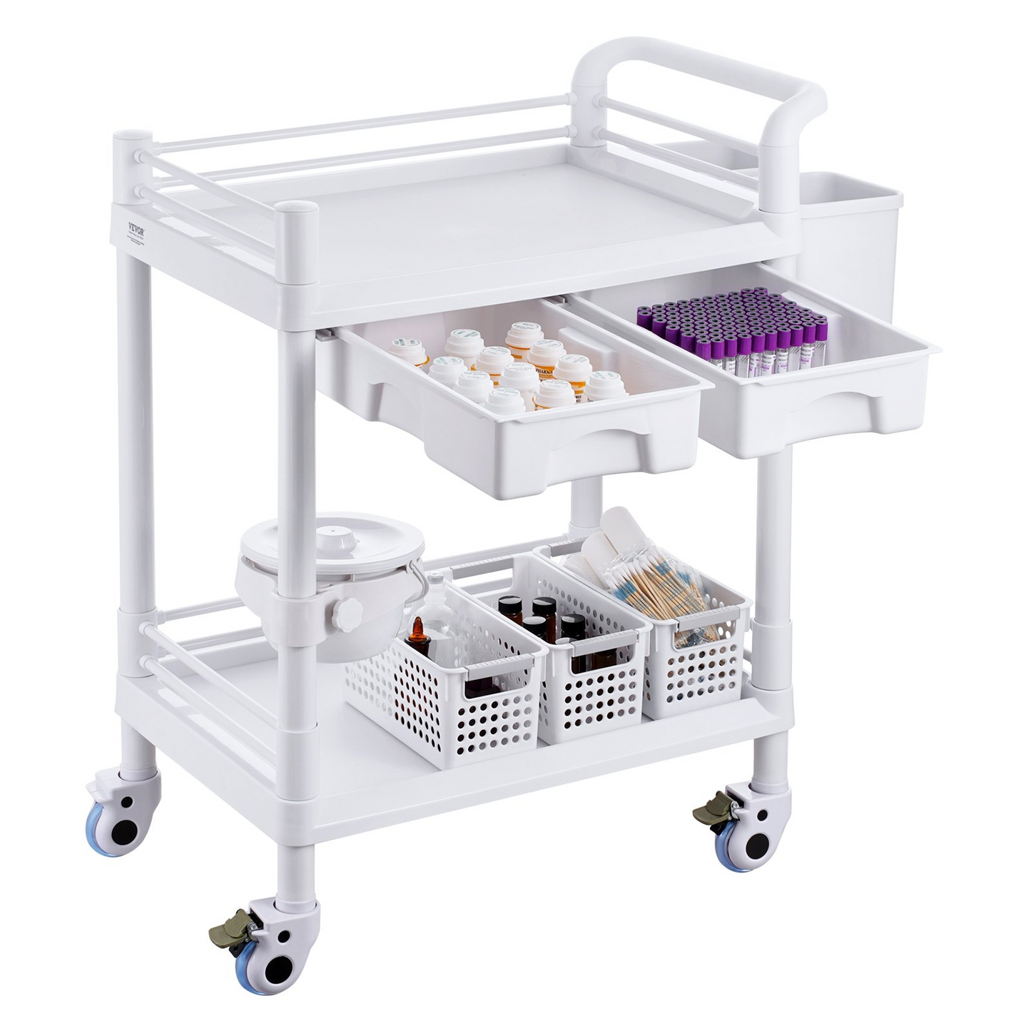 VEVOR 2 Tiers Lab Carts Mobile Medical Cart 2 Trays 2 Drawers 3 Trash Cans White