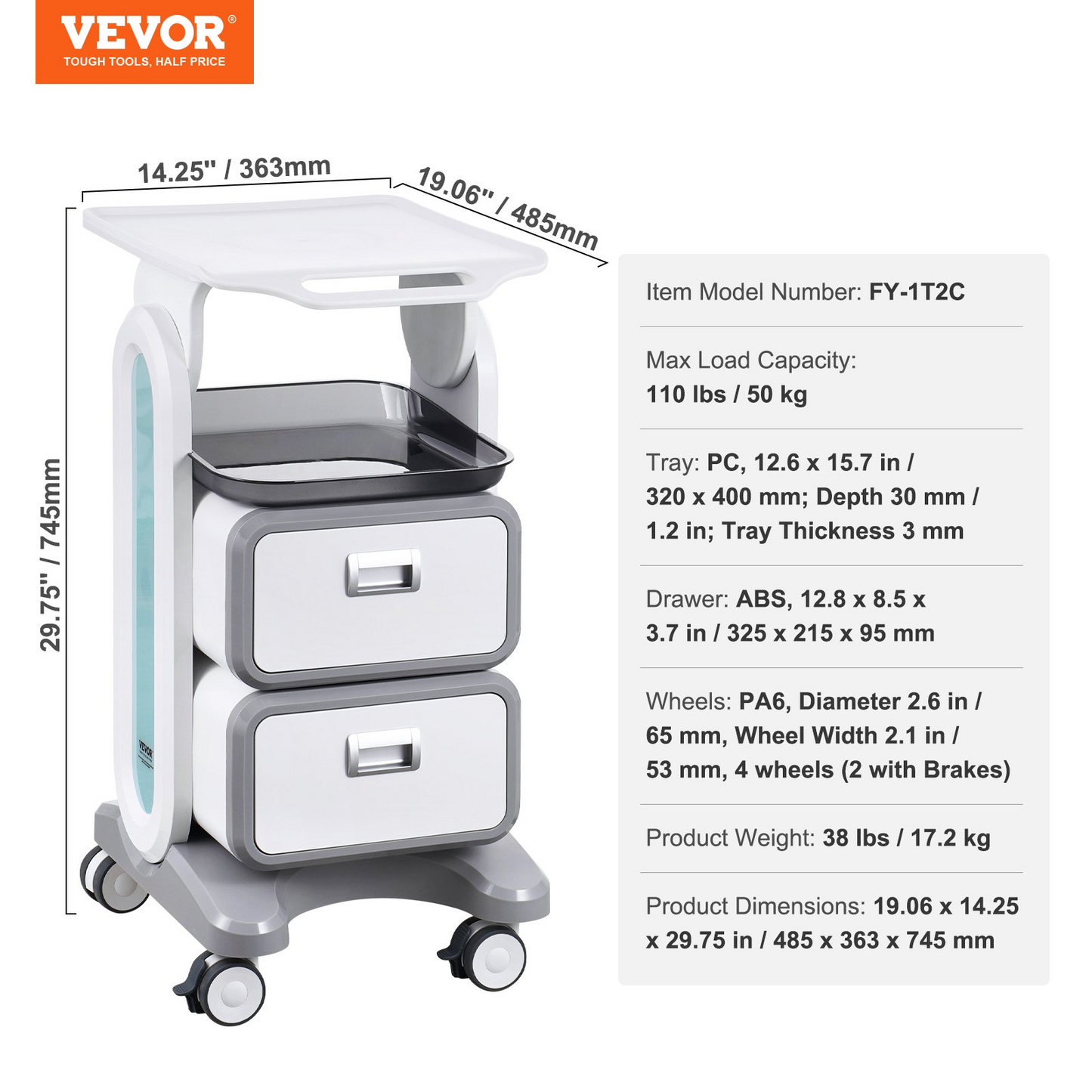 VEVOR 3 Tiers Lab Carts Mobile Medical Cart with 2 Drawers & 1 Top Tray White