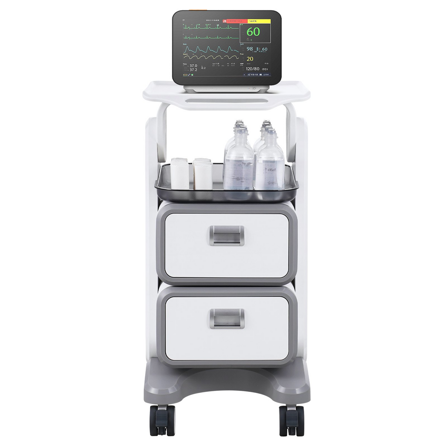 VEVOR 3 Tiers Lab Carts Mobile Medical Cart with 2 Drawers & 1 Top Tray White