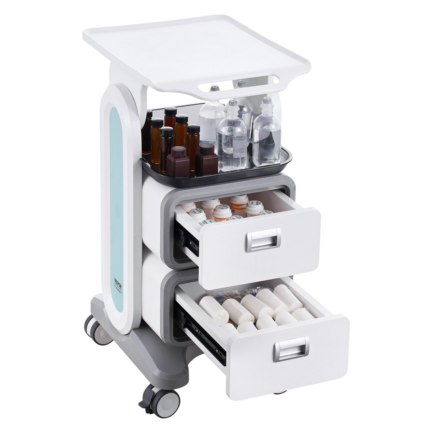 VEVOR 3 Tiers Lab Carts Mobile Medical Cart with 2 Drawers & 1 Top Tray White