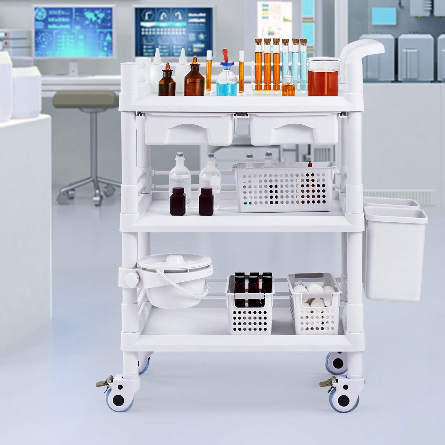 VEVOR 3 Tiers Lab Carts Mobile Medical Cart with 3 Trays & 3 Trash Cans White