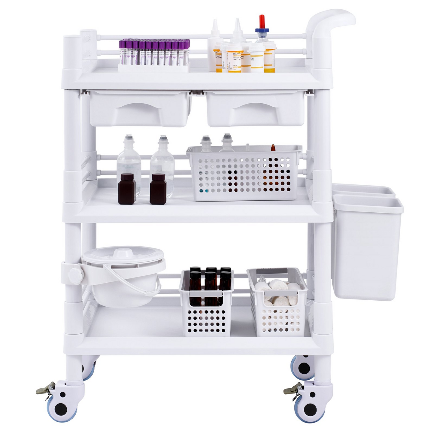 VEVOR 3 Tiers Lab Carts Mobile Medical Cart with 3 Trays & 3 Trash Cans White