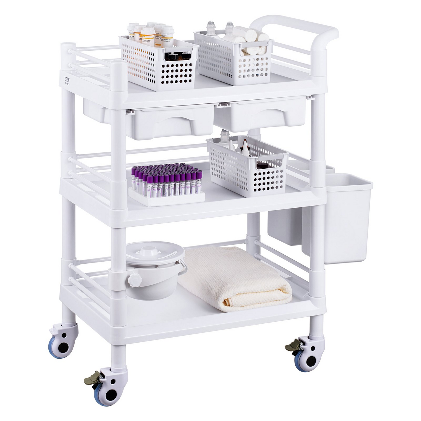 VEVOR 3 Tiers Lab Carts Mobile Medical Cart with 3 Trays & 3 Trash Cans White